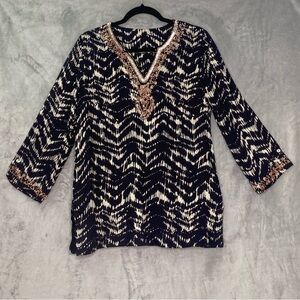 Soft Surroundings Akira Beads and Sequins Tunic Top Boho V Neck Sz L